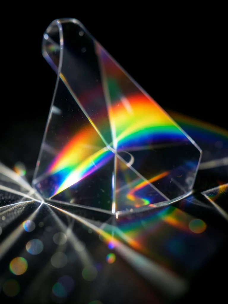 Spectral light band bending around a curved glass vessel, rainbow wrapping the c