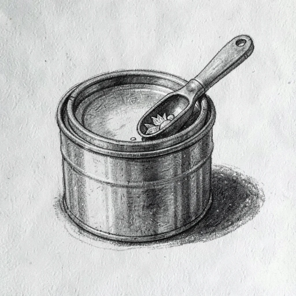 Charcoal sketch of a tobacco tin with a small scoop of leaf