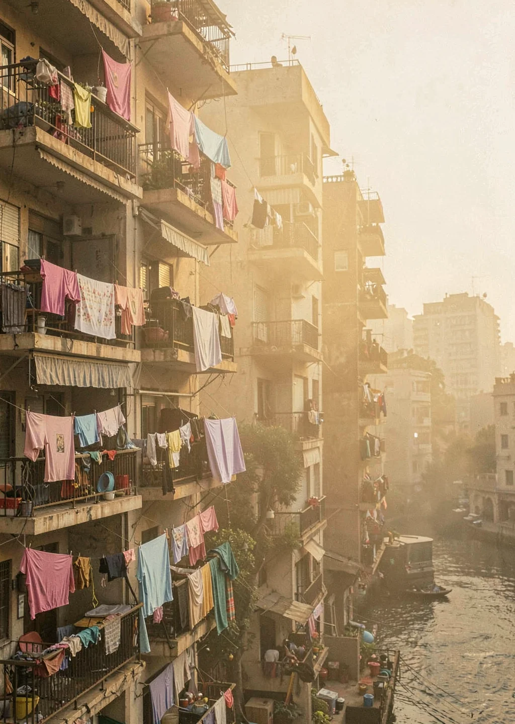 Dusty golden Cairo haze compressing apartment layers, apartment balconies stacke