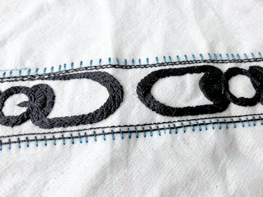 Embroidery border running stitch detail — tiny blue accent stitches beside main 