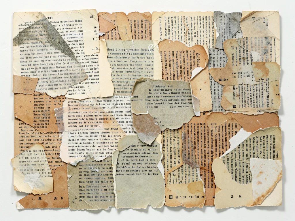 Dense collage of torn book pages in multiple languages, text-as-texture in overl