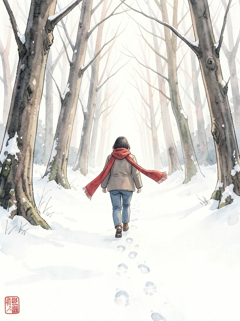 Person walking through a snowy forest path, red scarf trailing, footprints behin