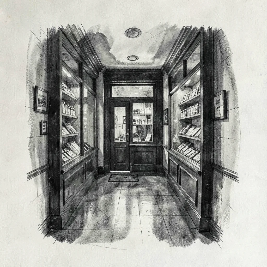 Editorial charcoal sketch of a pen-shop facade across a smudged corridor, deep b