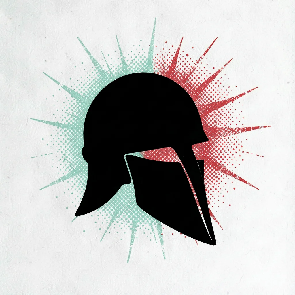 graphic bold silhouette of a single gladiator-helmet with halftone-burst in mint