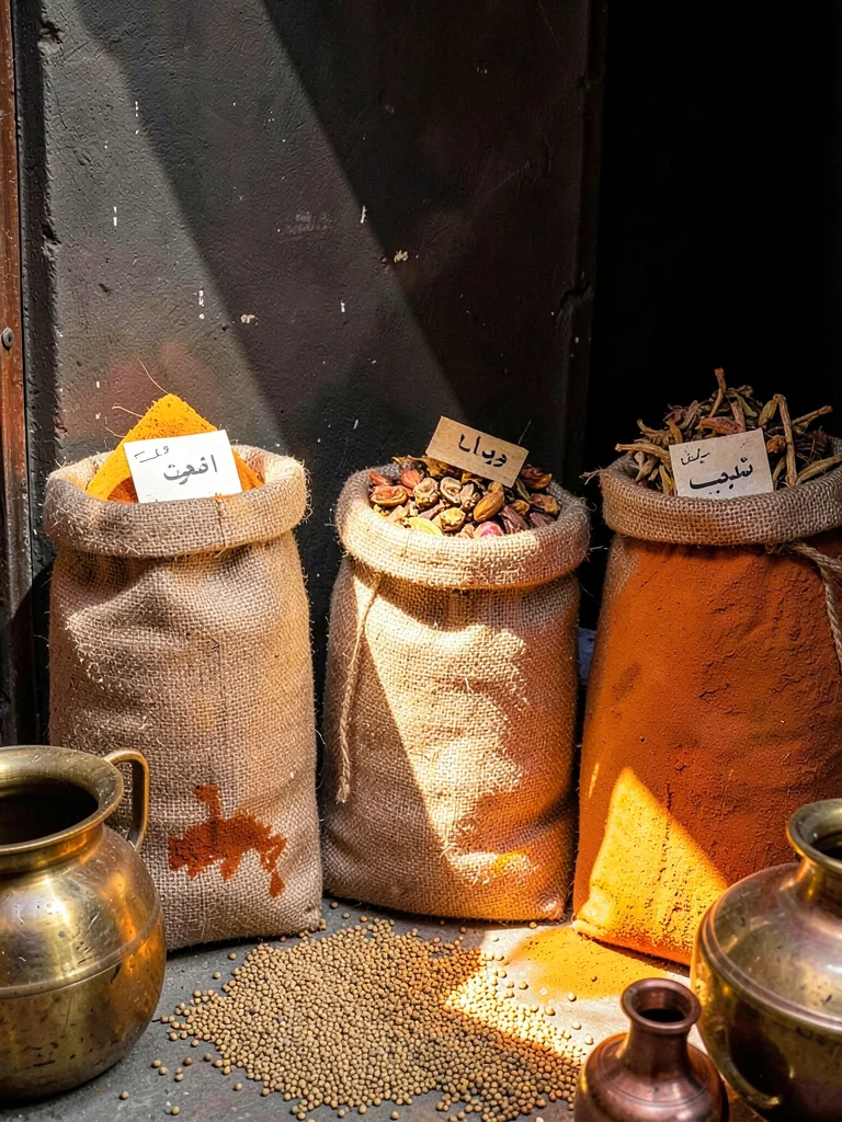 Three Burlap Spice Sacks Against Dark Wall