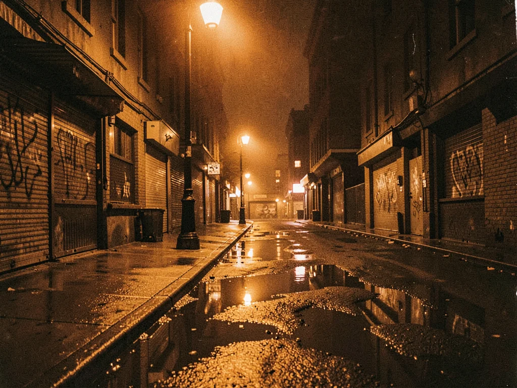 Wet sidewalk reflecting orange, puddles as amber mirrors, urban reflection