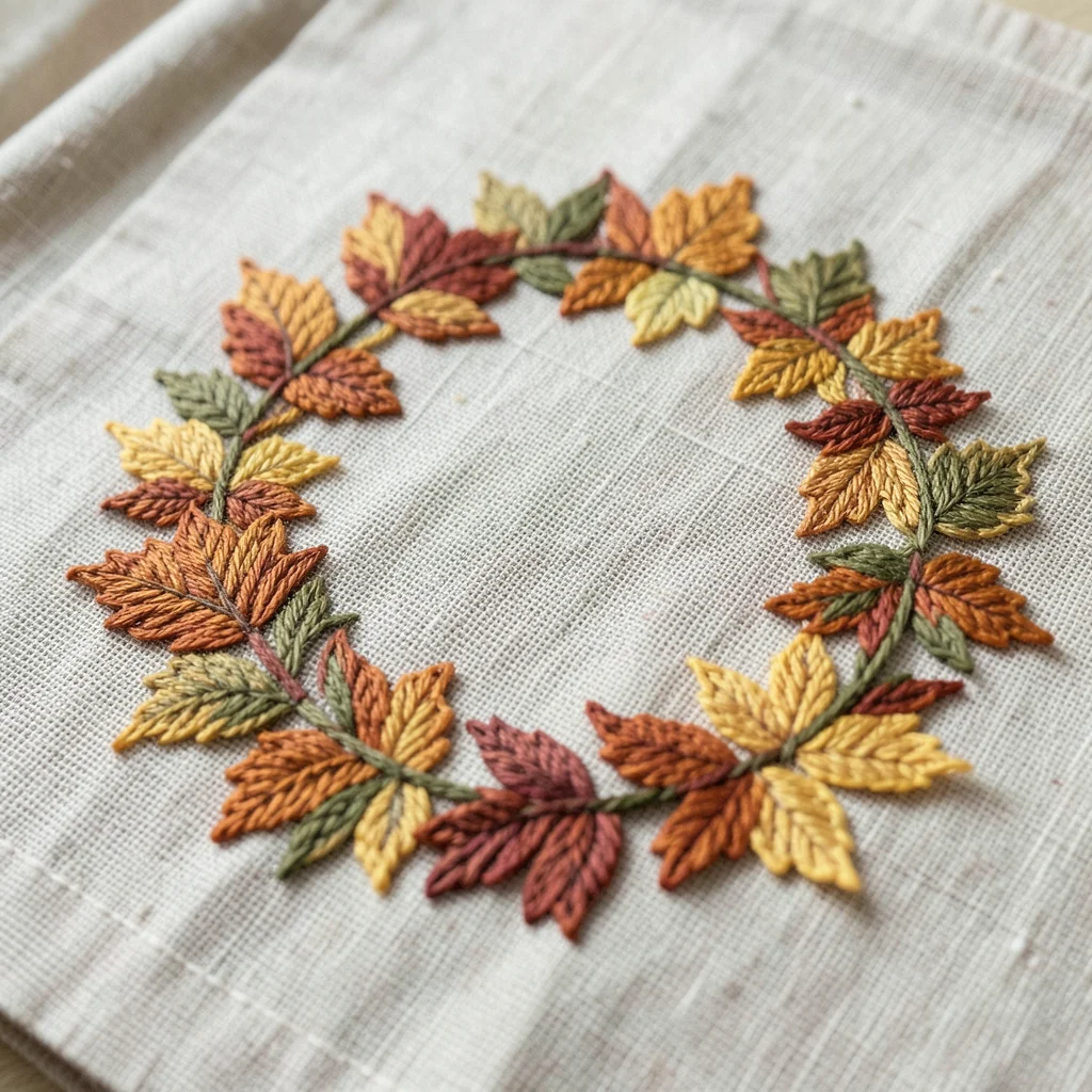 Embroidered autumn leaf wreath on linen tablecloth, harvest colors thread