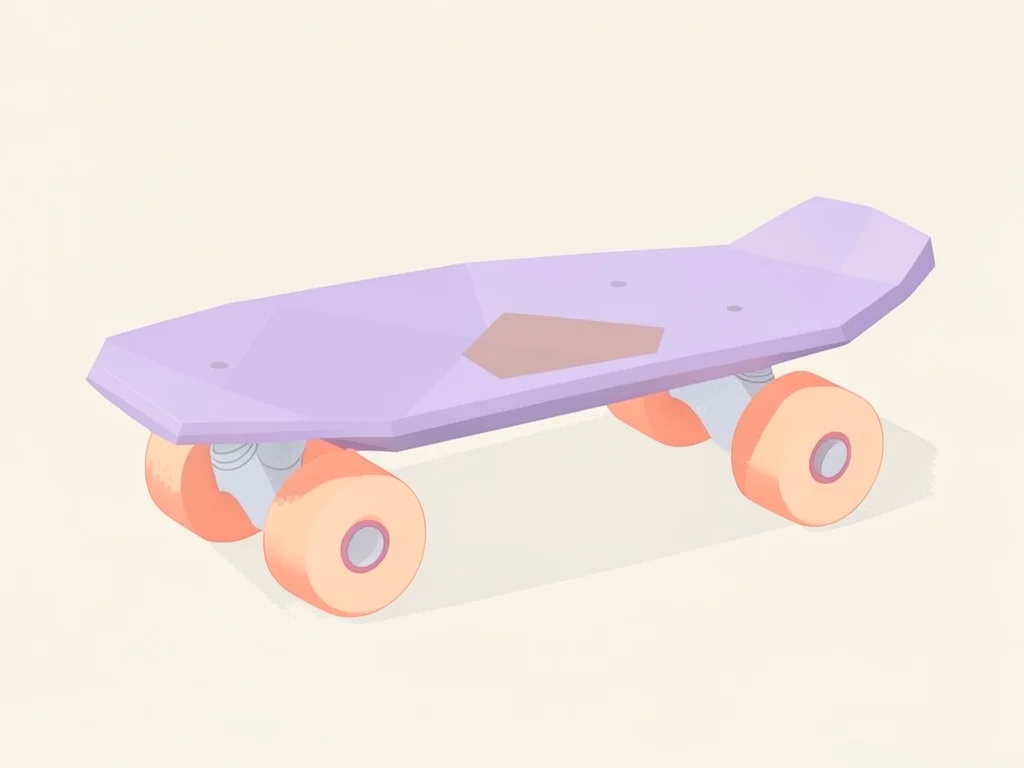 Flat lavender lowpoly skateboard with peach wheels and a faceted dusty-pink unde