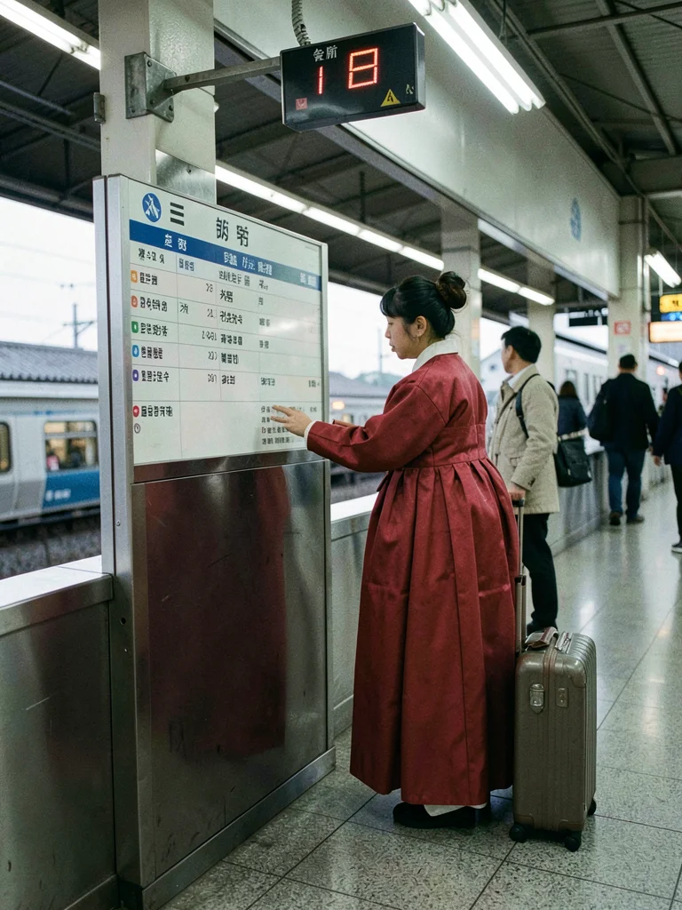 Hanbok in traditional red studying departure board at train station, rolling sui