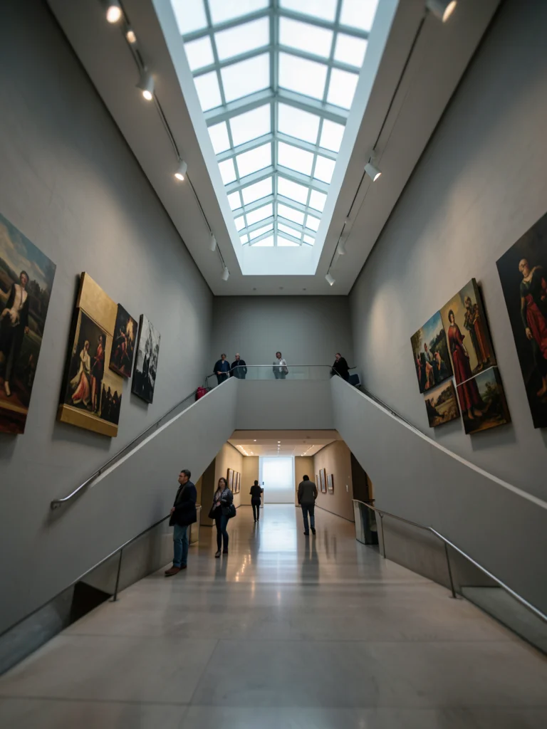 A spiral ramp gallery, visitors ascending, artworks on the outer wall, an atrium