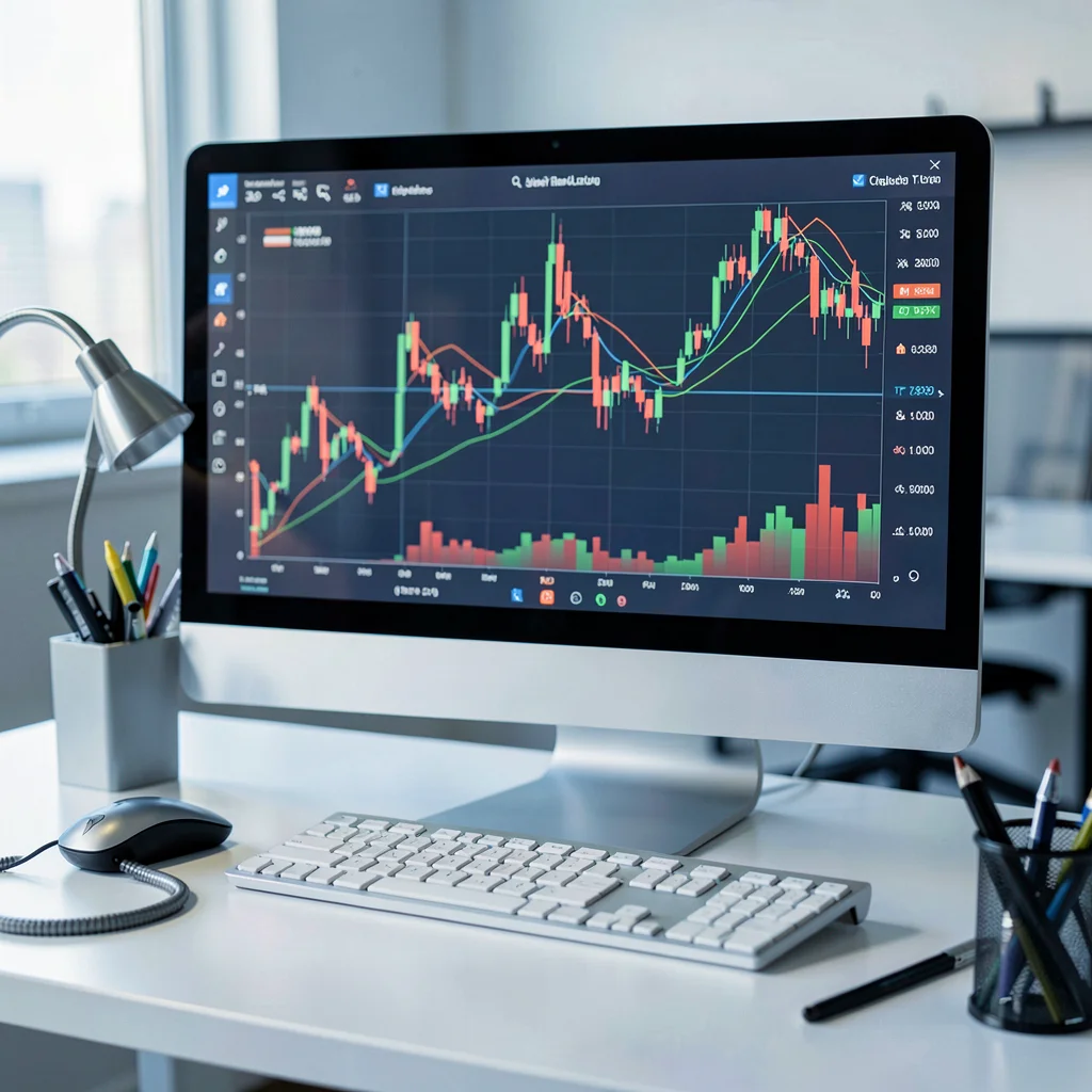 Editorial photograph, Stock chart on computer monitor, candlestick patterns, tra