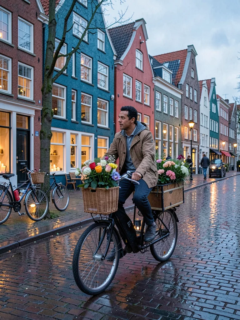 Bicycle rhythm through Copenhagen, a cargo bike laden with flowers cycling past 