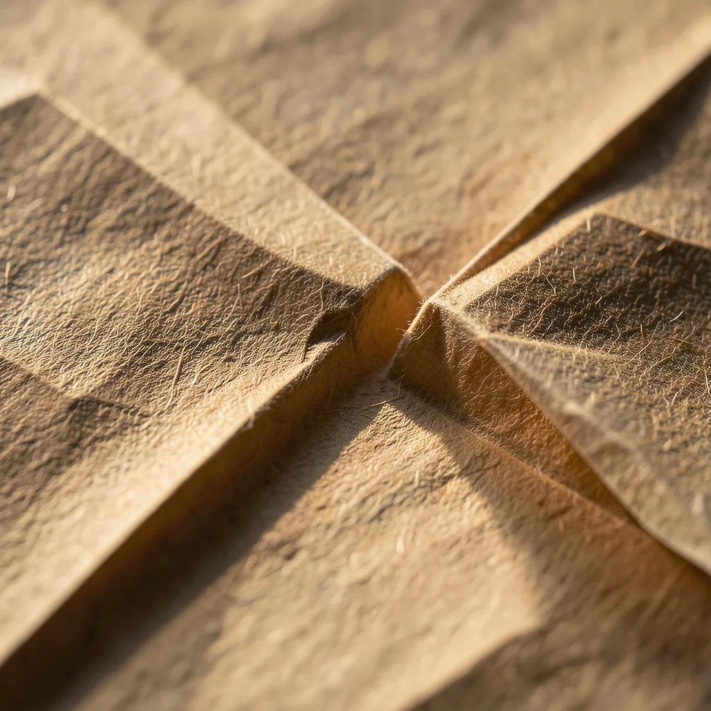 Sink fold collapse on thin handmade mulberry paper, visible through-fold where p