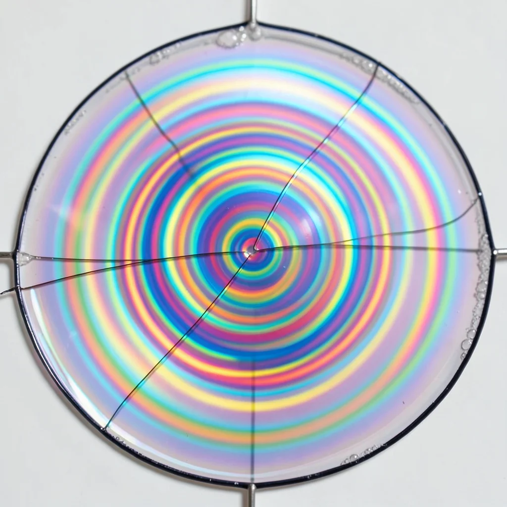 Soap bubble hemisphere from above, concentric rings of interference color radiat