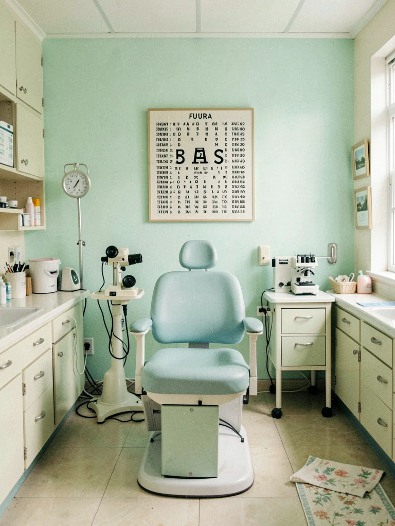 Eye chart centered on mint green wall, examination chair beneath, optometry with