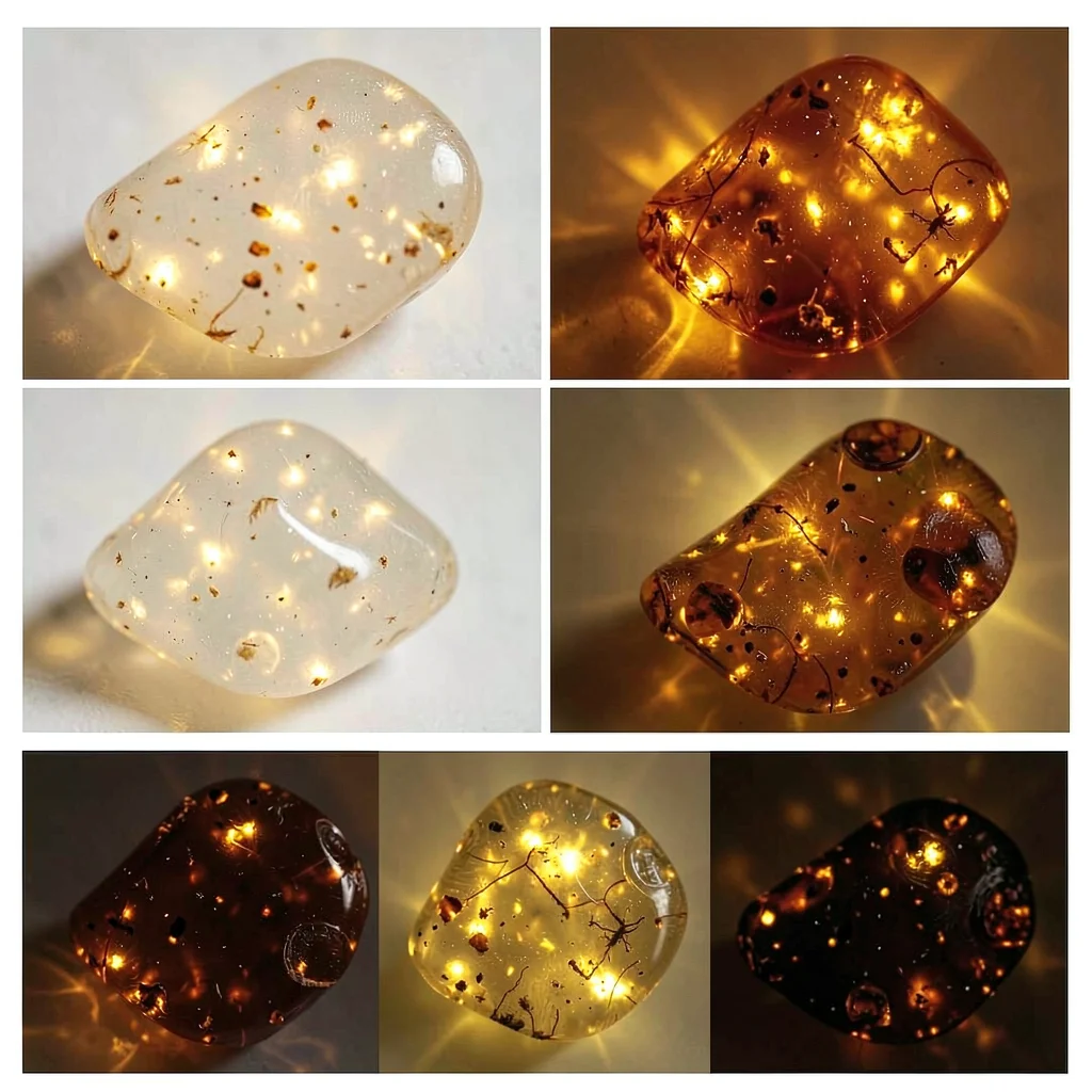 Baltic amber luminescence, backlit golden-brown, Amber specimens ranging from cl