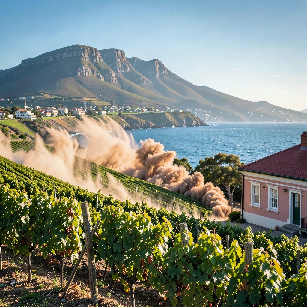 Cape Town southeaster wind shaping the scene, Stellenbosch wine estate vineyards