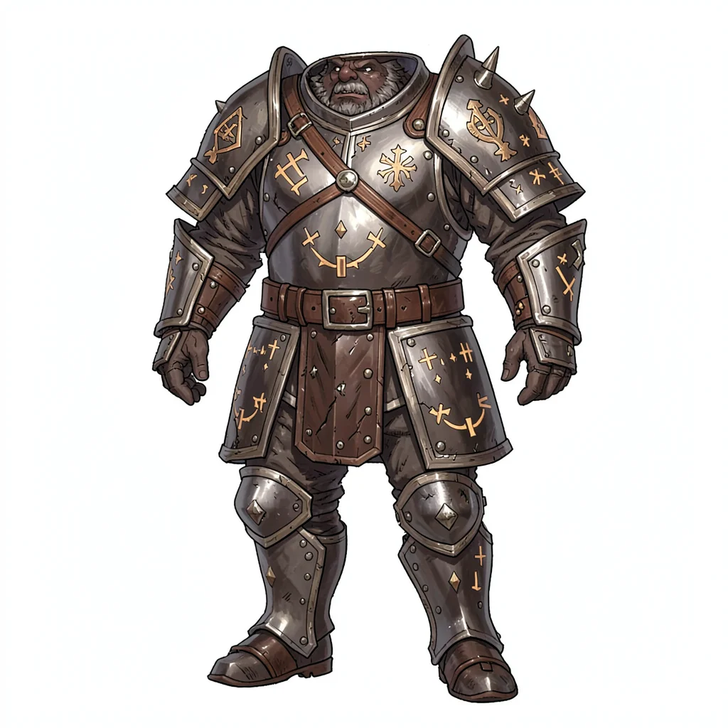 Fantasy armor illustration, a dwarven war plate with integrated forge symbols an