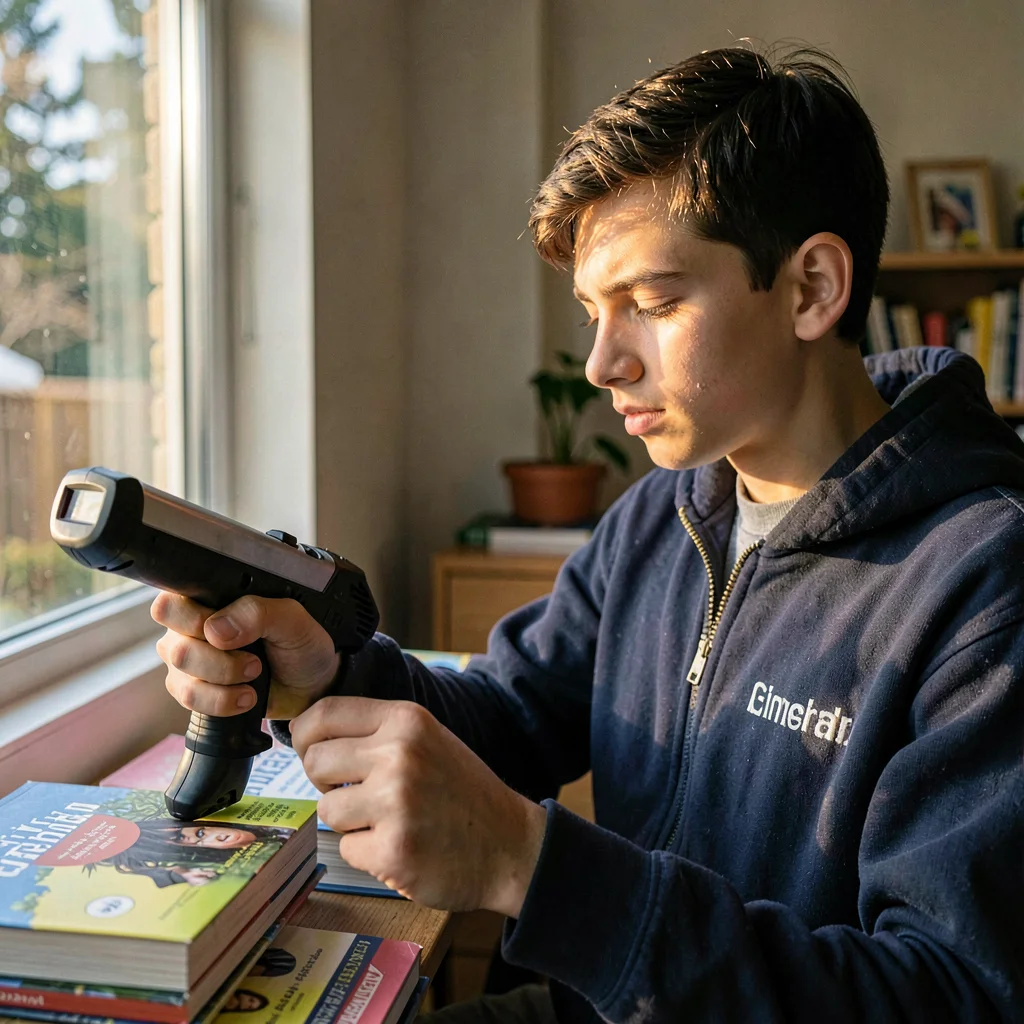 Environmental portrait of a teenage volunteer pricing books with a pricing gun, 