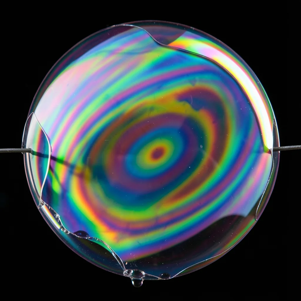 Giant soap bubble floating against a dark background, entire sphere mapped with 