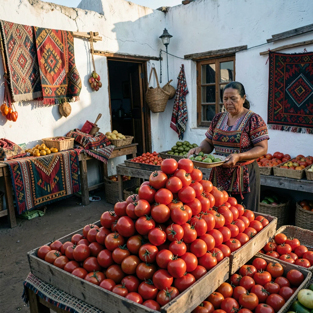 Documentary photograph with Guatemalan highland aesthetic, Pyramid of tomatoes a