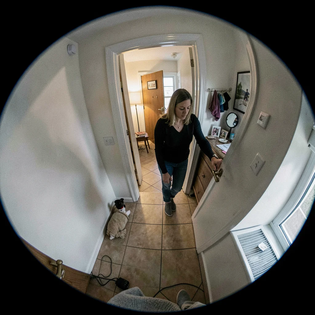 Security camera footage angle of woman entering her own apartment, innocent made