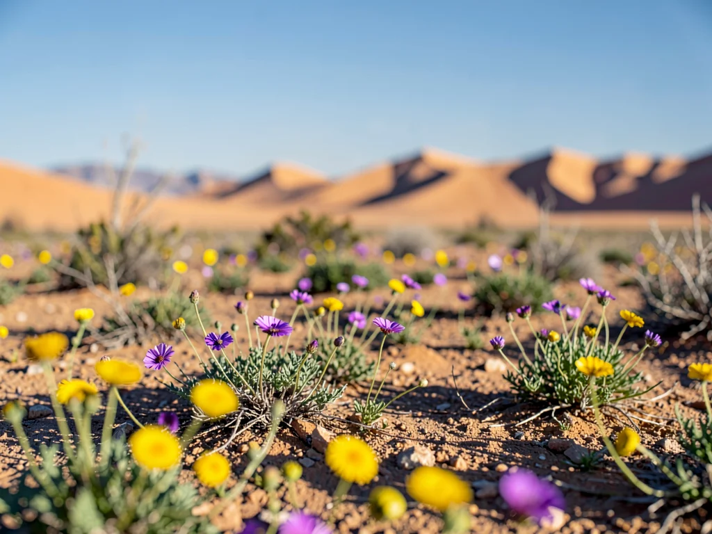 Desert floor flowers sharp to distant dunes
