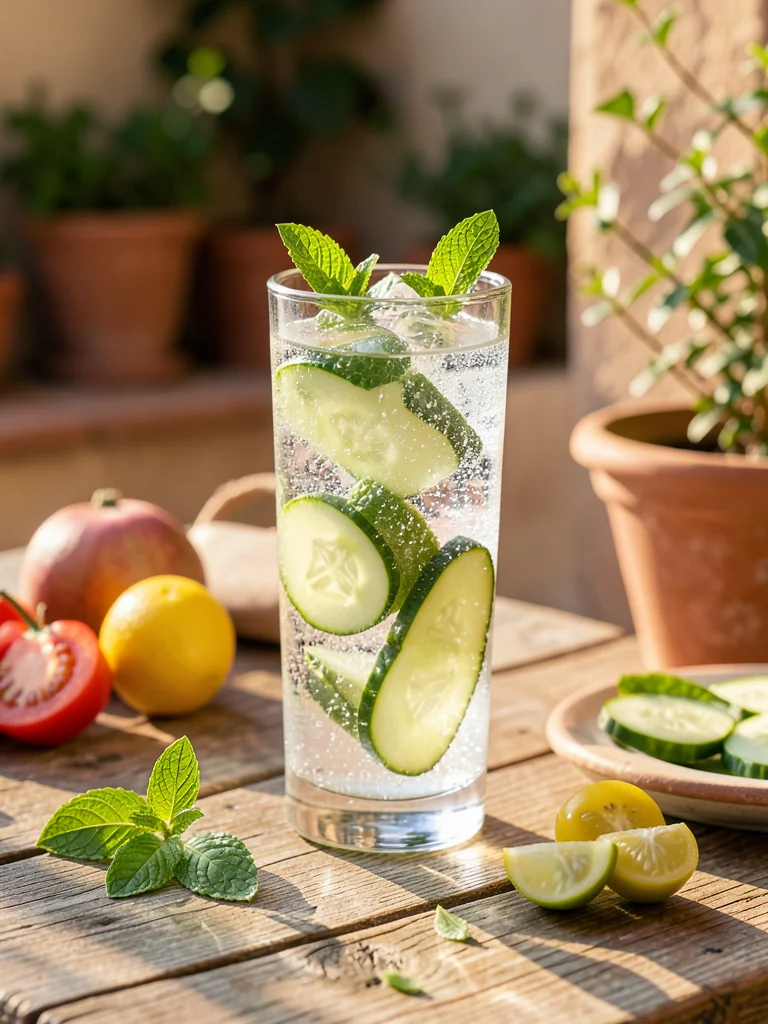 Sparkling water with sliced cucumber and mint in a tall glass, afternoon terrace