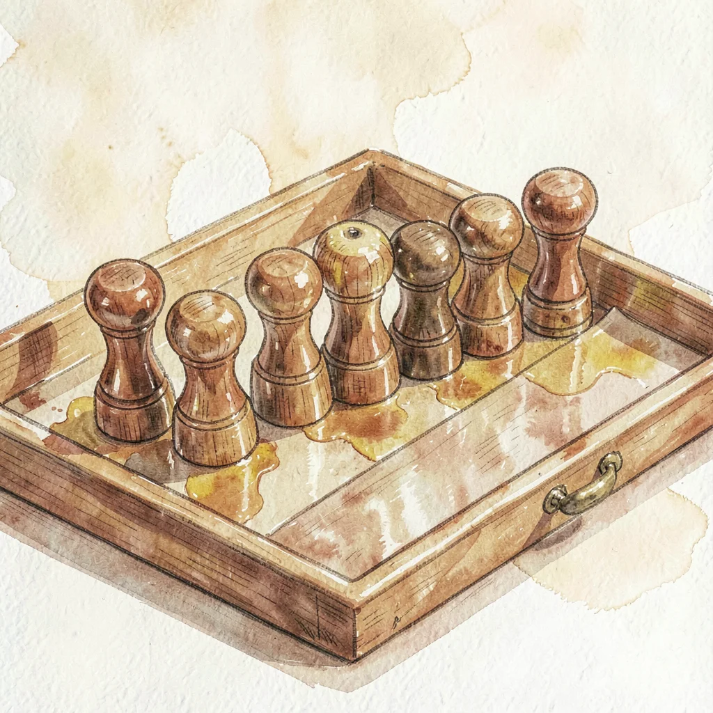 Warm illustration of a row of wooden-handled stamps lined on a tray, butter and 