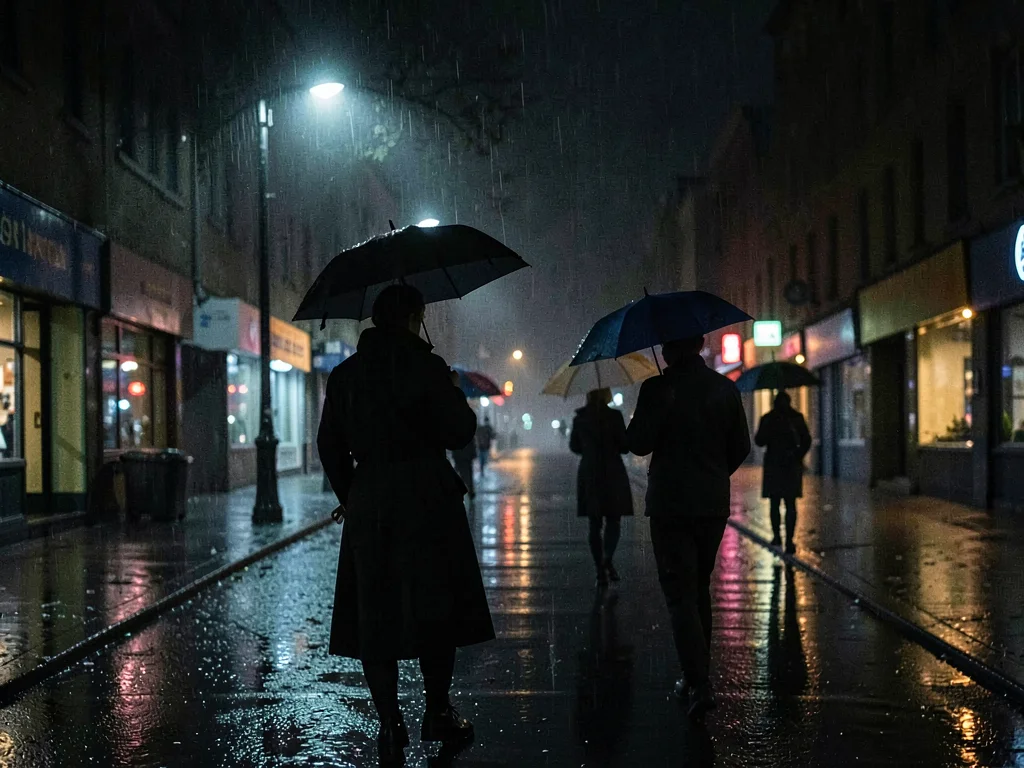 Rainy night street with umbrella silhouettes