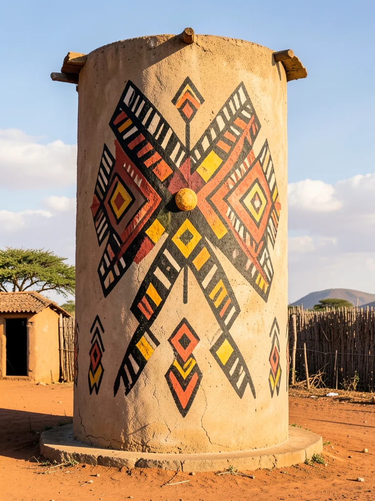Concrete water tower painted with Zulu shield patterns, rural African setting