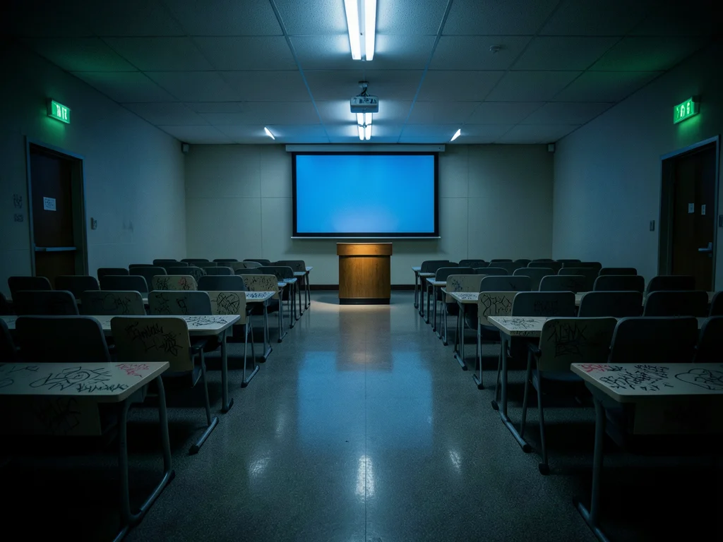 A university lecture hall at midnight, 400 empty fold-down seats in ascending ro