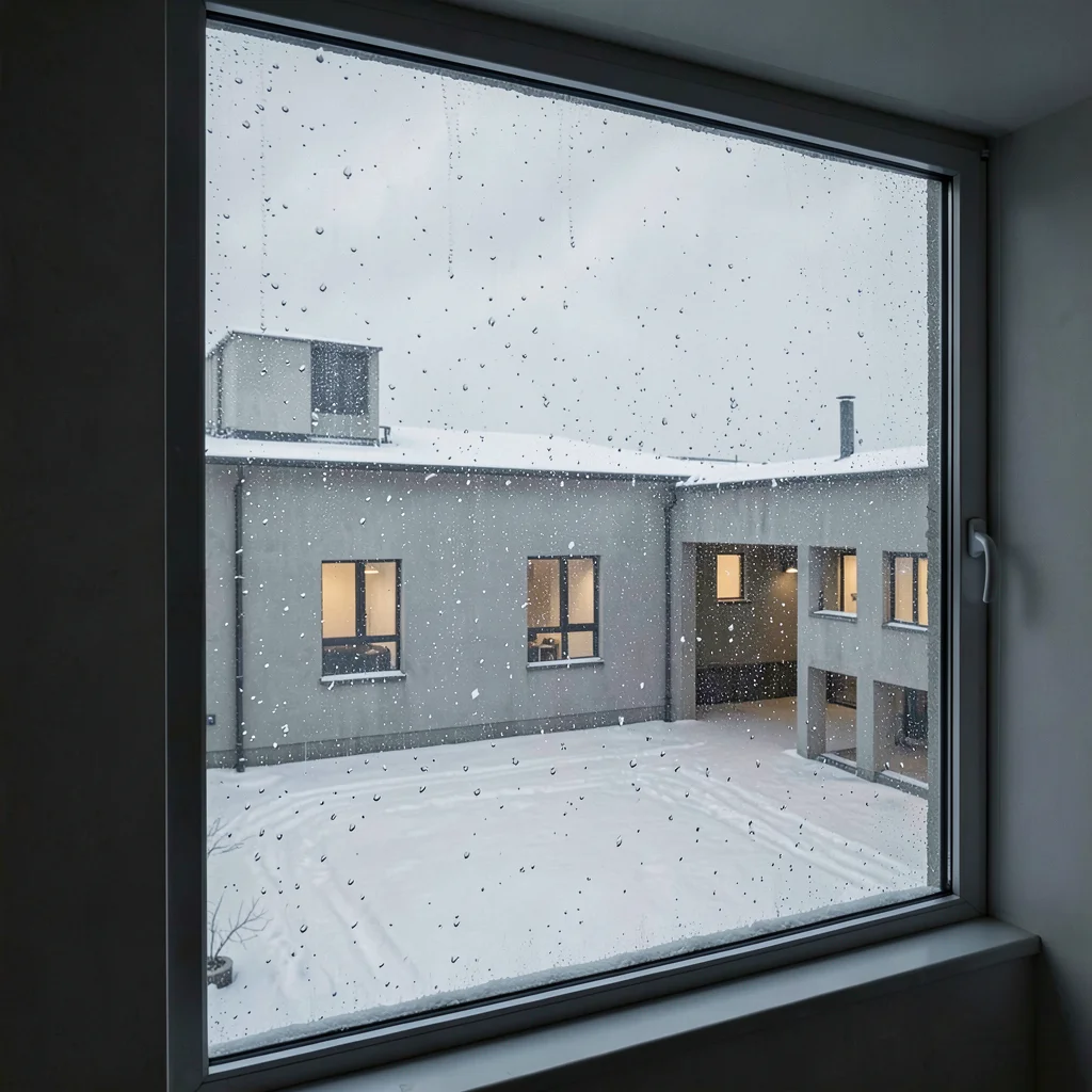 Stark Baltic minimalism, contemplative mood, Dense snow falling past window, vie