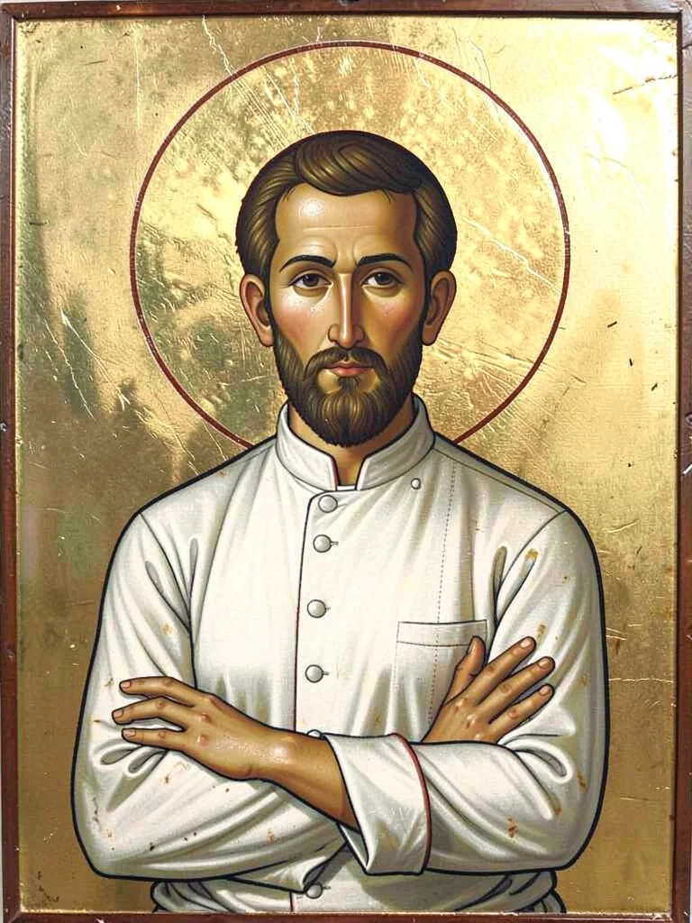 Frontal portrait of a chef in white coat, arms crossed, haloed on gold