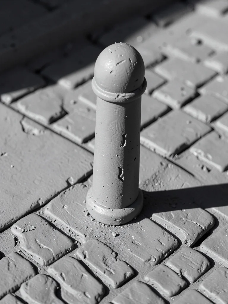 Single grey street bollard, deeply scored at the top, casting a long sharp shado