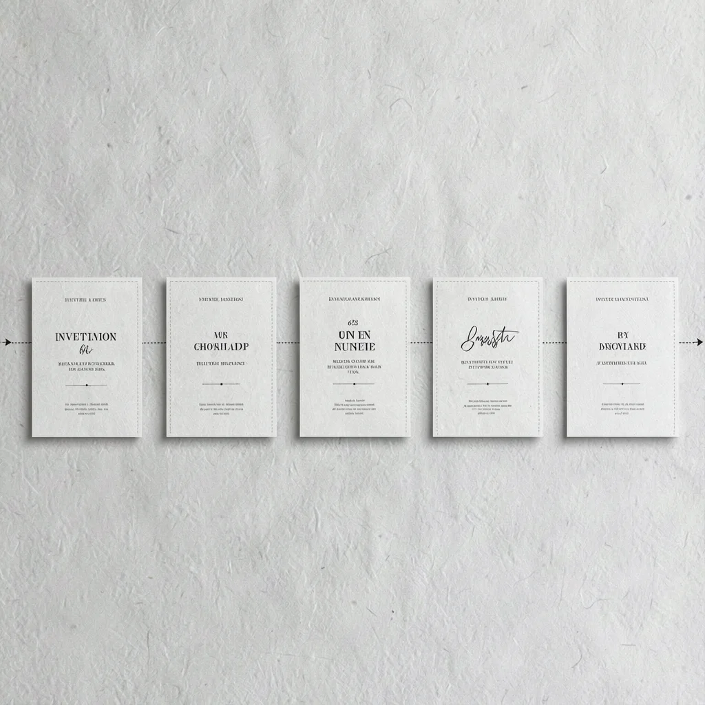 A horizontal timeline of seven invitation-design iterations evolving left to rig