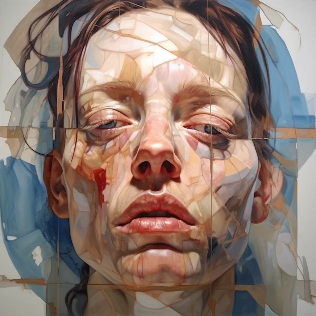 Painting portrait by Jenny Saville. sad person