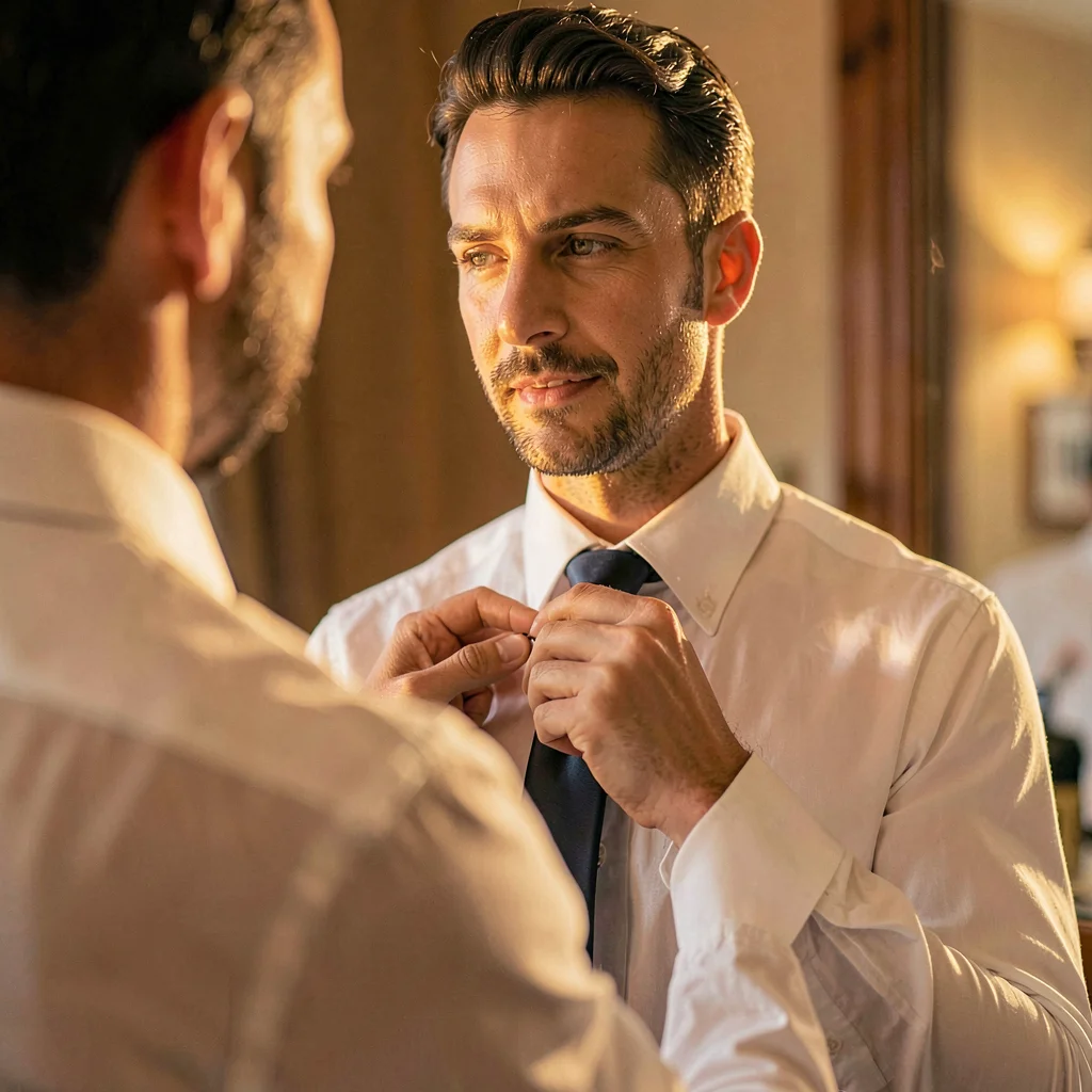 Warm vertical of a model adjusting the knot of a silk tie at the mirror, golden 