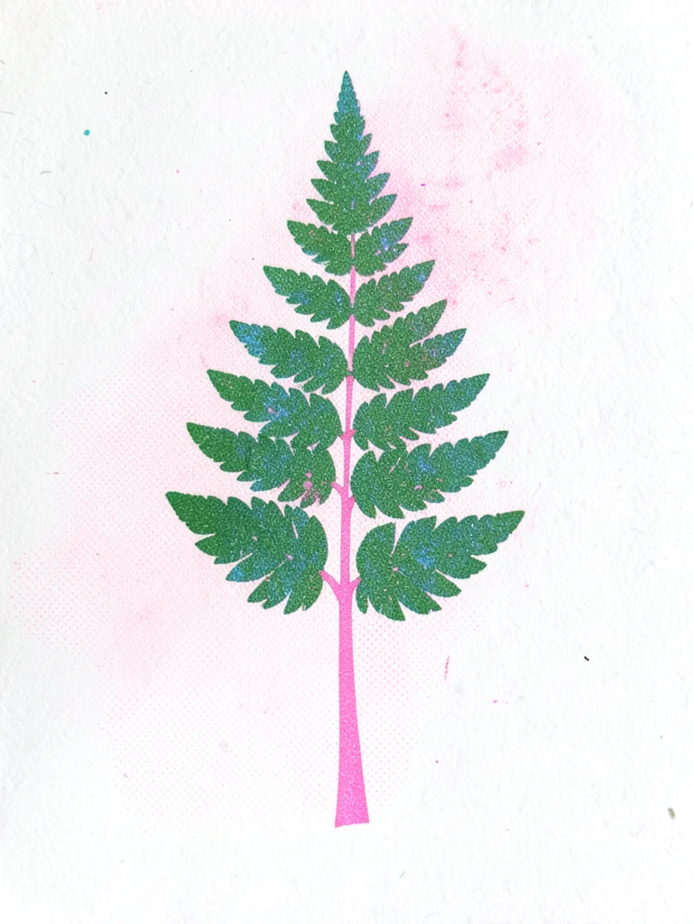 Two-color risograph of a fern frond, green leaves on pink stems, botanical illus