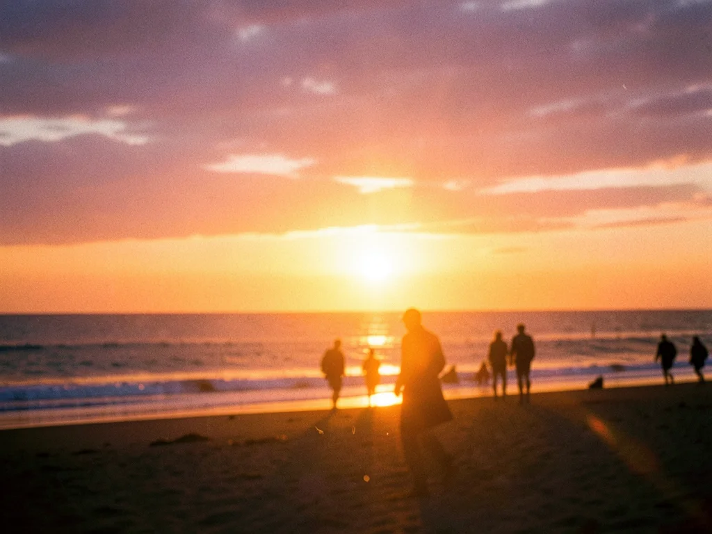 Beach sunset with silhouettes of people, warm orange and purple sky