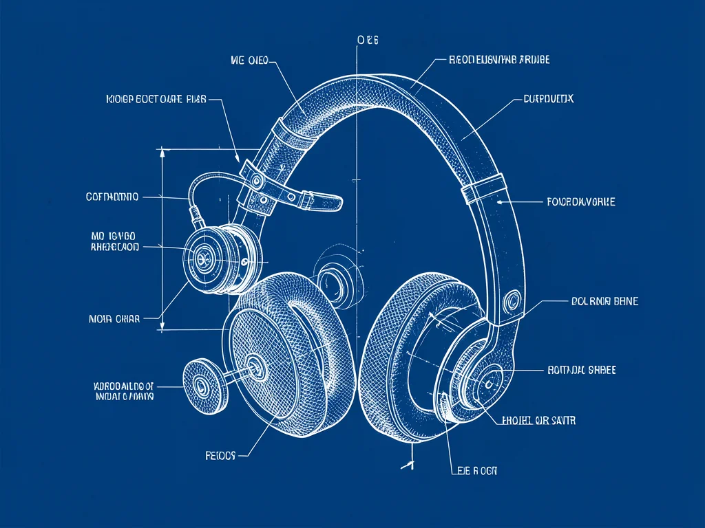 An exploded-view of headphones: driver units, diaphragms, ear cups, headband mec