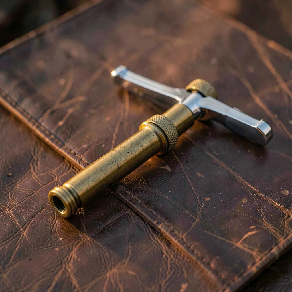 Warm hero of a brass-detailed bike pump on aged leather, slow dusk light catchin
