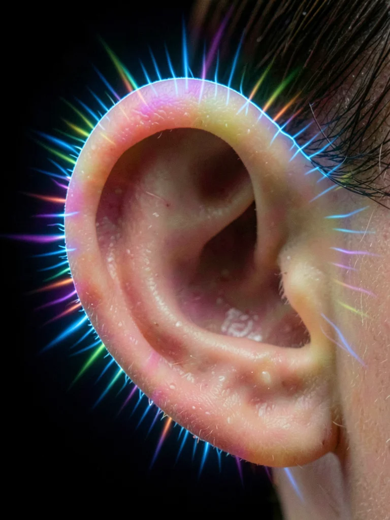 A human earlobe in close-up, delicate blue corona tracing the cartilage edge