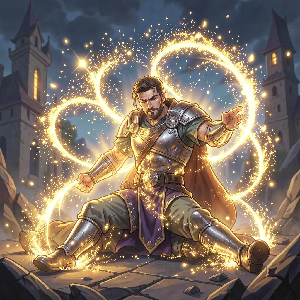 Magic spell effect illustration, healing magic surrounding wounded warrior, gold