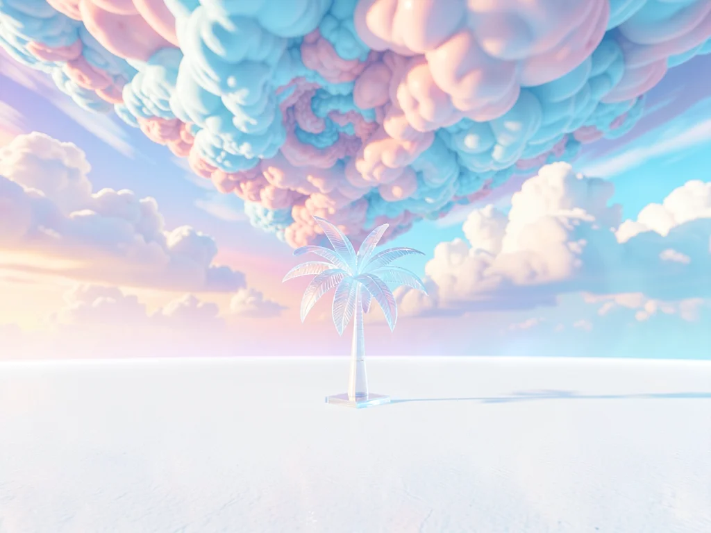 Pearl-white plain stretching to a tropical horizon with a single translucent pal