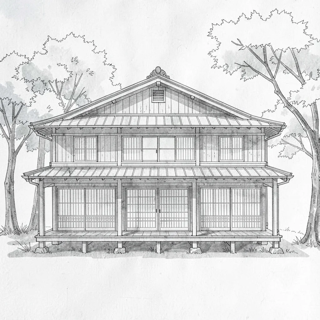Blueprint elevation of a cedar tea house with low veranda and shoji panels, soft
