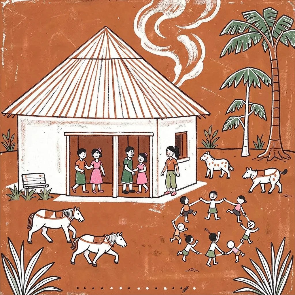 Village hut with family outside — triangular roof, smoke, animals in yard