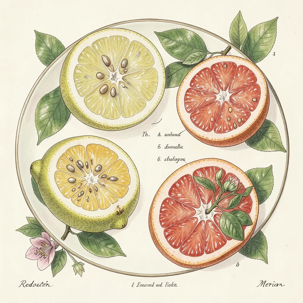 A citrus plate: cross-sections of lemon, lime, orange, and grapefruit showing se