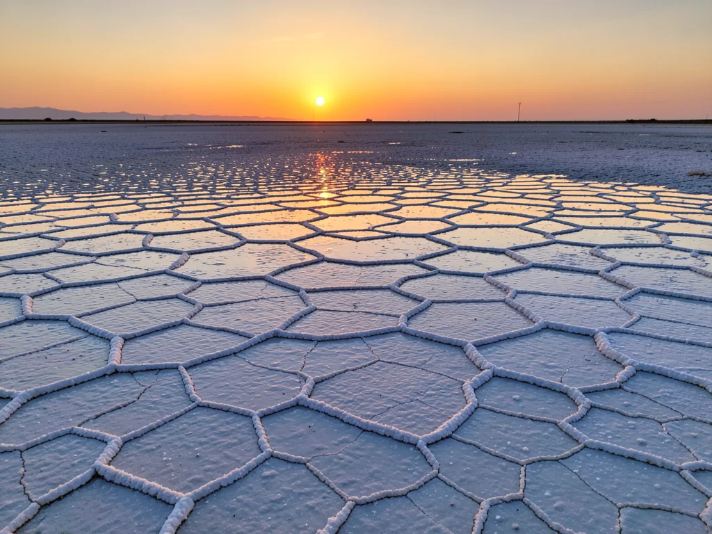 Salt flat hexagonal patterns stretching to horizon, sunset reflection in thin wa