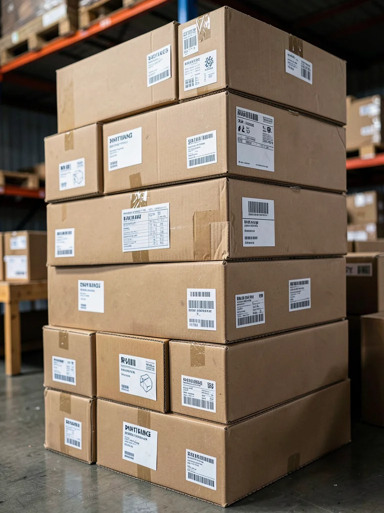 Stack of shipping boxes with various labels, warehouse tower of cardboard